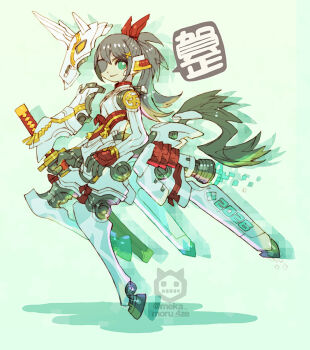 Rule 34 | 1girl, 2026, afterimage, armor, artist name, black hair, centaur, closed mouth, commentary request, exoskeleton, eyepatch, flat chest, green eyes, hair between eyes, headgear, holding, holding sheath, horned mask, horse tail, japanese armor, japanese clothes, katana, long hair, looking at viewer, mask, mecha musume, mechanical arms, mechanical ears, mechanical legs, nakayama tooru, original, ponytail, samurai, science fiction, sheath, sheathed, sidelocks, signature, simple background, smile, solo, sword, tail, taur, thrusters, translation request, twitter username, unicorn horn, watermark, weapon