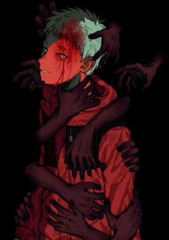 Rule 34 | 1boy, black background, blood, blood on face, bloody tears, bruise, bruise on face, closed mouth, commentary, english commentary, highres, hikaru ga shinda natsu, hood, hooded jacket, indou hikaru, injury, jacket, looking at viewer, male focus, orange jacket, persimmonyums, shadow hands, short eyebrows, short hair, simple background, upper body, white hair