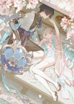 1boy 1girl antenna_hair arm_up armor artist_request asymmetrical_legwear belt black_belt black_hair black_sandals black_shorts blue_cape blue_eyes blue_gem blue_hair blue_hat blue_jingasa blue_kimono blue_sleeves blunt_ends bodysuit bow bridal_gauntlets cape commission commissioner_insert couple covered_collarbone feathers flower gem genshin_impact gold grey_bridal_gauntlets hair_flower hair_ornament hat hayami_momo_(hayamimomo) hetero highres holding holding_unworn_clothes holding_unworn_hat japanese_armor japanese_clothes jingasa juban kimono kote kurokote layered_sleeves long_hair looking_at_another looking_at_object lying mandala middle_ring mismatched_legwear multicolored_hair obi obiage oc_x_canon okobo on_back open_clothes open_kimono open_mouth original over-kneehighs pink_eyes pink_flower pink_sash pink_trim platform_sandals pom_pom_(clothes) purple_bow purple_rope purple_sash rope sandals sash scaramouche_(genshin_impact) second-party_source short_kimono short_sleeves shorts shoulder_peek side_cape single_over-kneehigh single_sock single_thighhigh sitting socks streaked_hair tabi tareme thighhighs tray turtleneck turtleneck_bodysuit unworn_hat unworn_headwear very_long_hair wanderer_(genshin_impact) white_hair white_kimono white_sleeves white_socks wide_sleeves yellow_feathers