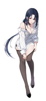 1girl absurdres adjusting_clothes adjusting_legwear black_hair black_shoes black_thighhighs bra bra_peek breasts brown_eyes cleavage earrings full_body highres jewelry large_breasts official_alternate_costume official_art seorin shirt shoes simple_background solo solo_leveling solo_leveling:_arise thighhighs transparent_background underwear white_shirt