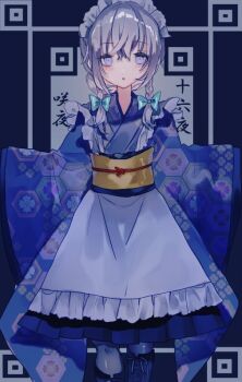 1girl alternate_costume blue_background blue_boots blue_eyes blue_kimono boots bow commentary_request cowboy_shot green_bow grey_hair hair_bow izayoi_sakuya japanese_clothes kimono long_sleeves looking_at_viewer maid_headdress medium_hair obi open_mouth sash shinjitsu_no_kuchi solo touhou wide_sleeves yellow_sash