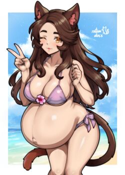 1girl absurdres animal_ear_fluff animal_ears artist_name bikini blue_sky breasts brown_hair cat_ears cat_girl cat_tail cleavage cloud commentary commission cowboy_shot curtained_hair english_commentary flower hands_up highres ko-fi_commission large_breasts leaning_forward light_blush light_smile lipstick long_hair long_sidelocks looking_at_viewer makeup navel one_eye_closed orange_eyes original pink_flower pregnant purple_bikini rotomdocs side-tie_bikini_bottom sideboob sidelocks signature sky solo stomach string_bikini swimsuit tail thick_eyebrows underboob v