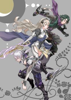 Rule 34 | 1girl, 2boys, absurdres, barefoot, black boots, black gloves, black hairband, boots, breasts, butler, closed mouth, commentary, english commentary, female corrin (fire emblem), fire emblem, fire emblem fates, gloves, green hair, hairband, highres, holding, holding kunai, holding weapon, jakob (fire emblem), karrincorrin, kaze (fire emblem), knee boots, kunai, long hair, low ponytail, medium breasts, multiple boys, nintendo, nohrian butler uniform, pointy ears, ponytail, purple scarf, red eyes, scarf, smile, thighs, toes, weapon, white hair