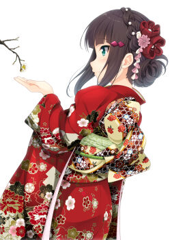 1girl alternate_costume alternate_hairstyle back black_hair blue_eyes cherry_blossoms commentary_request feet_out_of_frame floral_print floral_print_kimono hair_ornament highres hino_minato_(spec.c) japanese_clothes kimono kurosawa_dia long_hair love_live! love_live!_sunshine!! print_kimono red_kimono simple_background solo white_background
