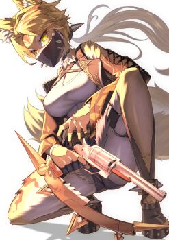 1girl absurdres alternate_eye_color animal_ears bent_over black_gloves black_shoes blonde_hair breasts cat_ears cat_girl cat_tail crop_top cropped_vest denim denim_shorts fingerless_gloves furry furry_female gloves gun handgun highres holding holding_gun holding_weapon large_breasts long_hair looking_at_viewer low_ponytail mask ponytail pulchra_fellini serval shoes short_shorts shorts solo squatting tail tank_top user_uzun4375 very_long_hair vest weapon white_tank_top yellow_eyes zenless_zone_zero