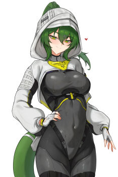 1girl arknights arknights:_endfield black_bodysuit bodysuit breasts cameltoe closed_mouth commentary covered_navel cowboy_shot fangs_(fangs_art) fingerless_gloves fluorite_(arknights) gloves green_eyes green_hair hair_between_eyes hair_ornament hair_through_hood hairclip hand_on_own_hip heart highres hood hood_up large_breasts long_sleeves looking_at_viewer ponytail shrug_(clothing) simple_background smile snake_tail solo tail wet wet_clothes white_background white_gloves