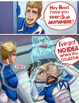 1girl 2boys artist_name ass beard blonde_hair blue_bodysuit blue_eyes blush bodysuit breasts brown_hair clothed_male_nude_female elasticity facial_hair fantastic_four gloves highres invisible johnny_storm large_breasts leotard long_hair marvel marvel_rivals multicolored_bodysuit multiple_boys neggoartz nude partially_invisible reed_richards sue_storm superhero_costume thighs two-tone_bodysuit white_bodysuit