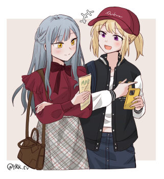 2girls bag bang_dream! bang_dream!_it's_mygo!!!!! black_jacket blonde_hair blue_hair border cellphone closed_mouth commentary_request grey_skirt handbag highres holding holding_map holding_phone jacket long_hair long_sleeves map misumi_uika multiple_girls open_mouth outside_border phone pink_background plaid_clothes plaid_skirt ponytail purple_eyes red_shirt shirt simple_background skirt smartphone smile togawa_sakiko white_border white_shirt yellow_eyes yrk_ev