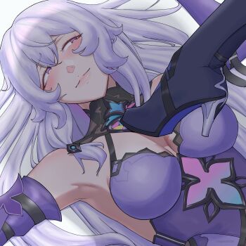 2girls acheron_(honkai:_star_rail) black_swan_(honkai:_star_rail) breasts cleavage collar commentary detached_sleeves english_commentary floral_print hair_spread_out high_heels highres honkai:_star_rail honkai_(series) large_breasts long_hair looking_at_another low-tied_long_hair lying multiple_girls nervous_smile on_back purple_hair rirypractices shadow smile stepped_on strap yellow_eyes yuri