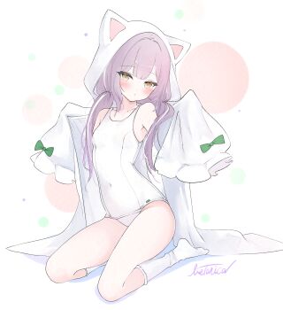 Rule 34 | 1girl, absurdres, animal hood, azur lane, blush, breasts, cat hood, covered navel, hands up, highres, hood, livetarica, long hair, looking at viewer, low twintails, one-piece swimsuit, petite, purple hair, signature, sleeves past fingers, sleeves past wrists, small breasts, socks, solo, swimsuit, twintails, vittorio cuniberti (azur lane), white one-piece swimsuit, white socks, yellow eyes