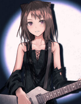 1girl bang_dream! bang_dream!_girls_band_party! black_dress black_sleeves blush breasts brown_hair cleavage collarbone commentary cone_hair_bun cross-laced_clothes cross-laced_dress detached_sleeves double_bun dress electric_guitar grin guitar gunjou_biyori_(tokyo_jihen) hair_bun hair_ears highres holding holding_guitar holding_instrument instrument looking_at_viewer medium_breasts medium_hair parody purple_eyes shiina_ringo sleeveless sleeveless_dress smile solo spotlight tokyo_jihen toyama_kasumi upper_body yukitake_(bullfalk)