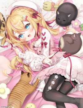 1girl ahoge animal beret black_pantyhose blonde_hair bloomers blue_eyes braid cat cat_teaser chi_no chidori_hina_(vtuber) colored_inner_hair commission dress hair_ribbon hat highres indie_virtual_youtuber long_hair long_sleeves lying multicolored_hair on_bed open_mouth pantyhose pink_dress pink_hair pink_ribbon ribbon skeb_commission solo streaked_hair underwear white_bloomers white_hat