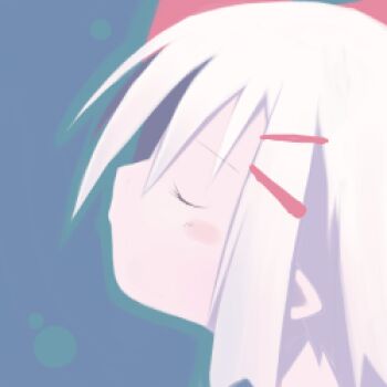 archived_source asami_natsuhito bad_link blue_background blush_stickers bow closed_eyes closed_mouth commentary_request from_side hair_bow hair_ornament hairclip light_blush lowres medium_hair original pointy_ears profile red_bow simple_background sophy white_hair