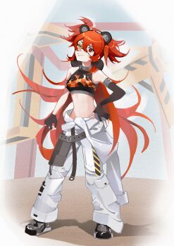 1girl absurdres ahoge animal_ears bare_shoulders bear_ears black_gloves breasts commentary_request crop_top eyepatch fake_animal_ears fingerless_gloves gloves hair_between_eyes hair_ornament highres holding huo_po_de_su_fei_cheng koleda_belobog long_hair looking_at_viewer midriff navel pants red_eyes red_hair solo sphere_hair_ornament twintails zenless_zone_zero