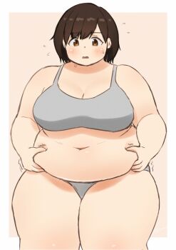 1girl belly_grab black_hair blush breasts brown_eyes cleavage embarrassed fat fat_woman grey_panties grey_sports_bra hands_on_own_stomach harukakakkokari large_breasts navel open_mouth original panties plump short_hair solo sports_bra standing sweat thick_thighs thighs underwear weight_conscious