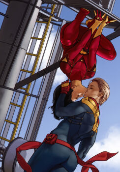 2girls absurdres ass black_hair blonde_hair blue_bodysuit blue_sky bodysuit captain_marvel carol_danvers closed_eyes cloud day dima_ivanov highres jessica_drew kiss marvel multiple_girls outdoors red_bodysuit red_sash sash sky spider-man_(series) spider-woman waist_sash yuri