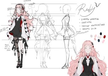 1girl arm_bow armpit_cutout belt black_dress black_socks blunt_bangs bow clothing_cutout dress hair_bow headband long_hair looking_at_viewer multiple_views original pink_hair reference_sheet short_dress sketch_inset smile socks thigh_belt thigh_strap very_long_hair wavy_hair white_eyes white_sleeves yoimon