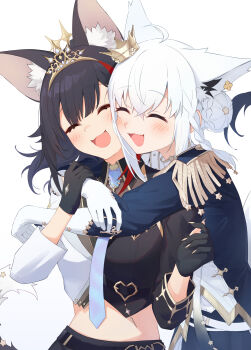 2girls :3 :d absurdres animal_ear_fluff animal_ears aqua_necktie arms_around_neck black_gloves black_hair blush cheek-to-cheek closed_eyes commentary_request crown epaulettes fox_ears fox_girl gloves gold_tiara gold_trim hair_bun heads_together highres hololive jacket long_hair long_sleeves mini_crown multicolored_jacket multiple_girls necktie official_alternate_costume ookami_mio ookami_mio_(our_sparkle) open_mouth partially_fingerless_gloves red_streaks shirakami_fubuki shirakami_fubuki_(fbkingdom) smile stomach tang-du two-tone_jacket upper_body virtual_youtuber white_background white_gloves white_hair wolf_ears wolf_girl