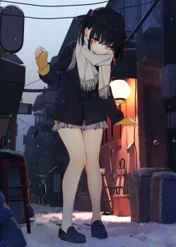 1girl alley bare_legs bare_legs_girl_(kamizaki_hibana) black_hair black_jacket black_shoes closed_mouth commentary_request day grey_skirt jacket kamizaki_hibana layered_sleeves loafers long_sleeves looking_down miniskirt no_socks original outdoors overcast pleated_skirt purple_eyes scarf school_uniform shoes short_hair skirt sky snow solo standing twintails urban white_scarf winter wispy_bangs