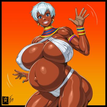 1girl absurdres blue_eyes breasts capcom cleavage covered_erect_nipples dark-skinned_female dark_skin earrings elena_(street_fighter) female_focus fungus-man highres hoop_earrings huge_breasts jewelry looking_at_viewer muscular muscular_female muscular_legs navel pregnant short_hair simple_background solo street_fighter thighs white_hair