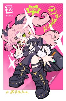 1girl \||/ ahoge autis_tic bare_shoulders black_boots black_ribbon black_shorts black_thighhighs boots border breasts character_name cleavage clothing_cutout colored_speech_bubble commentary_request copyright_name crop_top crossed_legs cutoffs dotted_background earrings english_text fur-trimmed_shorts fur_trim ghost green_eyes hair_ornament hair_ribbon hairclip half-closed_eye heart heart_earrings heart_necklace highres jewelry long_hair looking_at_viewer micro_shorts mole mole_on_breast mole_under_eye multicolored_nails necklace nicole_demara pink_background pink_hair ribbon short_eyebrows shorts shoulder_cutout single_thighhigh sitting solo sparkle speech_bubble strapless suitcase thick_eyebrows thighhighs tongue tongue_out torn_clothes torn_thighhighs tube_top twintails twitter_username two_side_up w white_border white_tube_top zenless_zone_zero