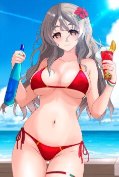 1girl absurdres beach bikini blue_sky bottle breasts brown_eyes cloud contrail day drink gluteal_fold grey_hair hair_between_eyes highres horizon kantai_collection large_breasts long_hair nitamako_(sakamalh) ocean outdoors pola_(kancolle) red_bikini side-tie_bikini_bottom sky smile solo swimsuit thick_eyebrows thigh_gap thigh_strap wavy_hair