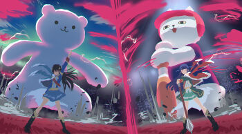 Rule 34 | 2girls, absurdres, animal, arm up, baseball bat, baseball helmet, bear, black hair, blue hair, blue jacket, blue skirt, blue sky, blunt bangs, boots, cat, charizard pose, closed eyes, closed mouth, cloud, coat, commentary request, debris, dust, dynamax, electricity, floating hair, fur-trimmed jacket, fur trim, green coat, green skirt, hands on hilt, helmet, highres, jacket, jacket on shoulders, kagura hikari, knee boots, legs apart, long hair, long sleeves, mace, multiple girls, nintendo, open clothes, open coat, outstretched arms, oversized animal, own hands together, parody, planted, pointing, pointing up, pokemon, pokemon swsh, red jacket, red sash, sash, sentient stuffed toy, shoujo kageki revue starlight, shoulder sash, skirt, sky, smile, sparkle hair ornament, stadium, standing, tsuyuzaki mahiru, two side up, v-shaped eyebrows, weapon, wide shot, yukitake (bullfalk)