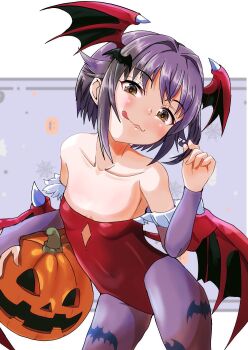 1girl :3 :q animal_print bare_shoulders bat_hair_ornament bat_print blush border breasts brown_eyes closed_mouth clothing_cutout collarbone commentary cosplay darkstalkers demon_girl demon_wings diamond_cutout from_above ghost hair_flaps hair_ornament halloween halloween_costume head_tilt head_wings highres holding holding_pumpkin idolmaster idolmaster_cinderella_girls jack-o&#039;-lantern koshimizu_sachiko leotard letterboxed licking_lips lilith_(darkstalkers) lilith_(darkstalkers)_(cosplay) looking_at_viewer low_wings nonchan pantyhose playing_with_own_hair print_pantyhose pumpkin purple_background purple_hair purple_pantyhose purple_sleeves red_leotard short_hair sidelocks silk small_breasts solo spider_web standing strapless strapless_leotard tongue tongue_out white_border wings