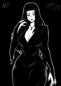 1girl absurdres breasts bridal_gauntlets cheekbones cleavage commentary cowboy_shot greyscale highres large_breasts lipstick long_hair lughost makeup mature_female monochrome morticia_addams nail_polish narrow_waist signature solo the_addams_family wide_hips