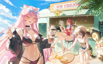 4girls absurdres ahoge animal_ears anklet bandaid bandaid_on_arm bandaid_on_thigh bare_shoulders beach bikini black_bikini black_choker black_jacket black_tail blonde_hair blue-tinted_eyewear blue_shorts blue_sky blurry blurry_foreground blush bow_necklace breasts brown_hair cash_register cecilia_immergreen cellphone chattino_(raora_panthera) cherry choker closed_eyes cloud cloudy_sky collarbone colored_inner_hair commentary covered_navel crossed_legs cup day elizabeth_rose_bloodflame english_commentary eyeshadow eyewear_on_head fangs fingernails food food_stand fruit gigi_murin glass glint green_hair grey_hair hair_intakes highres holding holding_cup holding_phone holding_spoon holojustice hololive hololive_english ice_cream jacket jewelry large_breasts long_hair long_sleeves looking_at_viewer makeup menu multicolored_hair multiple_girls nail_polish navel necklace ocean one-piece_swimsuit one_eye_closed open_clothes open_jacket open_mouth orange_(fruit) orange_bikini orange_slice otomo_(cecilia_immergreen) outdoors panther_ears panther_girl panther_tail parfait phone pink-tinted_eyewear pink_bikini pink_eyes pink_eyeshadow pink_hair pink_nails pink_tail popo_(gigi_murin) raora_panthera red_eyes red_hair red_one-piece_swimsuit red_sandals revision sand sandals shirt shorts sitting sky slipping smartphone smile spoon stomach stool streaked_hair sunglasses swimsuit tail thigh_strap thighs tinted_eyewear tray twintails two-tone_hair virtual_youtuber white-framed_eyewear white_shirt winding_key xiisalt yellow_choker yellow_eyes