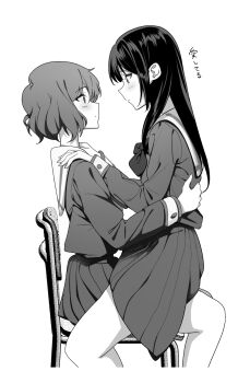 2girls blush closed_mouth commentary_request eye_contact greyscale hand_on_another&#039;s_shoulder hand_on_another&#039;s_waist hibike!_euphonium highres kousaka_reina lie_lack1080 long_hair looking_at_another monochrome multiple_girls oumae_kumiko pleated_skirt sailor_collar short_hair sitting sitting_on_lap sitting_on_person skirt translation_request yuri
