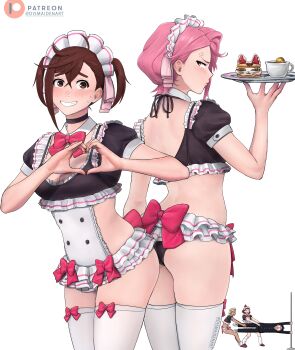 1boy 4girls absurdres alternate_costume annoyed apron ass ayase_momo blush brown_hair dandadan dismaiden enmaided hair_between_eyes heart heart_hands highres jewelry maid maid_apron maid_headdress moe_moe_kyun! multiple_girls pink_eyes pink_hair shiratori_aira_(dandadan) short_hair sweatdrop takakura_ken_(dandadan) turbo_granny_(dandadan)