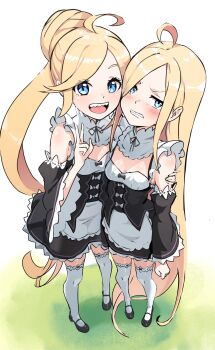 Rule 34 | 2girls, :d, absurdres, ahoge, alternate costume, bare shoulders, black bow, black shoes, black sleeves, blue eyes, bow, breasts, clenched teeth, commentary, detached sleeves, dual persona, english commentary, enmaided, fingernails, from above, full body, hair bun, hand on another's arm, highres, long sleeves, looking at viewer, louis arneb, maid, multiple girls, open mouth, re:zero kara hajimeru isekai seikatsu, roswaal mansion maid uniform, rui arneb, sharp teeth, shoes, small breasts, smile, standing, teeth, thighhighs, w, white bow, white thighhighs, wide sleeves, zerobarto