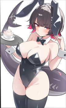 1girl alternate_costume animal_ears bare_shoulders black_bow black_bowtie black_leotard black_thighhighs blush bow bowtie breasts cleavage collarbone colored_inner_hair commentary_request cup detached_collar ellen_joe fake_animal_ears fins fish_tail highres holding large_breasts lelex leotard looking_at_viewer multicolored_hair rabbit_ears red_eyes red_hair shark_girl shark_tail short_hair solo standing tail thighhighs thighs two-tone_hair white_background zenless_zone_zero