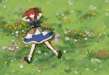 Rule 34 | 1girl, ^ ^, arms behind head, breasts, brown shoes, closed eyes, commentary, dress, flower, full body, grass, hair bobbles, hair ornament, highres, iwakoo, lying, meadow, obi, on back, on grass, onozuka komachi, outdoors, outstretched legs, red eyes, red flower, red hair, sash, shoes, short hair, short sleeves, smile, socks, solo, touhou, two side up, white socks