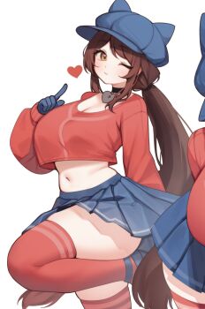 1girl absurdres animal_ears black_choker blue_gloves blue_skirt breasts brown_eyes brown_hair newsboy_cap choker cool_mita_(miside) cool_mita_(miside)_(cosplay) cosplay crop_top crop_top_overhang fake_animal_ears gloves hand_up hat highres indie_virtual_youtuber large_breasts leg_up long_hair long_sleeves looking_at_viewer low_ponytail midriff miniskirt miside mita_(miside) navel one_eye_closed pleated_skirt ponytail red_shirt red_thighhighs shirt simple_background skirt sky_above_me sky_above_me_(vtuber) solo stomach thighhighs very_long_hair virtual_youtuber white_background