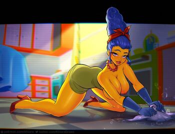 1girl all_fours ass bead_necklace beads beehive_hairdo blue_eyes blue_gloves blue_hair breasts breasts_out cleaning_rag cleavage colored_skin commentary dark_nipples dress english_commentary full_body gloves green_dress high_heels jewelry khiara kitchen large_breasts latex latex_gloves long_eyelashes long_legs looking_at_viewer marge_simpson mature_female necklace nipples no_bra nose on_floor raised_eyebrow red_footwear red_lips sidelocks soap_bubbles solo strapless strapless_dress the_simpsons thick_thighs thighs underbutt watermark web_address yellow_skin