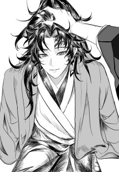 1boy 1other absurdres closed_mouth cowboy_shot facial_mark flipped_hair greyscale hand_on_another's_head haori hashtag-only_commentary hatching_(texture) highres japanese_clothes kimetsu_no_yaiba kimono light_blush light_smile linear_hatching long_hair long_sleeves looking_at_viewer male_focus monochrome ponytail simple_background tsugikuni_yoriichi white_background yjfengle