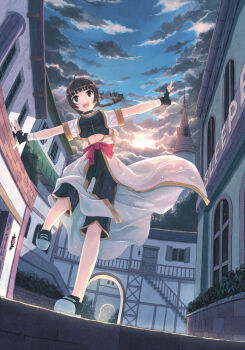 1girl ahoge balancing bandages braid brown_hair city cloud female_focus fingerless_gloves from_below gloves highres midriff monk monk_(ragnarok_online) open_mouth outstretched_arms ragnarok_online sky solo spread_arms yakka