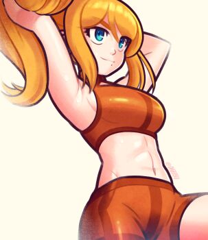 Rule 34 | 1girl, abs, arms up, artist name, blonde hair, blue eyes, commentary request, crop top, highres, long hair, metroid, metroid: zero mission, midriff, mole, mole under mouth, nintendo, orange shorts, samus aran, shorts, signature, simple background, smile, sweat, tsuvida, twitter username
