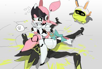 1girl absurdres armband bangboo_(zenless_zone_zero) blood blush bow commentary_request crack cracked_floor ethereal_(zenless_zone_zero) flying_sweatdrops frilled_armband frills green_blood green_bow green_eyes hands_up highres humanoid_robot joints looking_at_viewer mechanical_arms mechanical_ears mechanical_legs metal_skin nangnangnang open_mouth polka_dot polka_dot_bow robot robot_girl robot_joints sitting speech_bubble sweatdrop translation_request white_armband yutane_johiel zenless_zone_zero