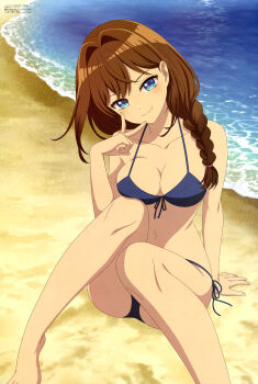 1girl absurdres anime_coloring aquastar_inc. beach bikini blue_bikini blue_eyes blush braid braided_ponytail breast_press breasts brown_hair cleavage closed_mouth collarbone copyright_name copyright_notice feet_out_of_frame hair_intakes hair_over_shoulder highres inohana_rikka knees_together_feet_apart large_breasts long_hair looking_at_viewer magazine_scan mayonaka_heart_tune megami_magazine navel ocean official_art outdoors sand scan side-tie_bikini_bottom smile solo swimsuit third-party_source v water