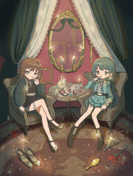 2girls absurdres aketa_mikoto aqua_hair aqua_jacket aqua_skirt ariake_(shiroan_koshian) armchair blush boots bottle bracelet brown_hair candle carpet center_frills chair cherry closed_mouth commentary crossed_legs cup curtains drinking_glass earrings english_commentary finger_to_mouth flower food frilled_skirt frills fruit full_body fur_jacket glint gold high_heels highres idolmaster idolmaster_shiny_colors indoors jacket jewelry long_hair long_sleeves looking_at_viewer makeup miniskirt mirror multiple_girls nanakusa_nichika on_chair parted_lips perfume_bottle red_flower red_rose rose shirt shoes sitting skirt smile sparkle tareme tsurime unworn_shoes white_shirt