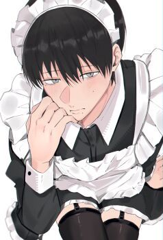 Rule 34 | 1boy, absurdres, alternate costume, apron, black dress, black hair, black thighhighs, blush, closed mouth, commentary request, crossdressing, crossdressing (mtf), crossed legs, dress, enmaided, frills, from above, grey eyes, hair between eyes, highres, hikaru ga shinda natsu, legwear garter, looking at viewer, maid, maid apron, maid headdress, male focus, male maid, mole, mole on cheek, mole under eye, mole under mouth, multiple moles, simple background, sitting, slit pupils, solo, spenixthebig, thighhighs, tsujinaka yoshiki, white apron, white background