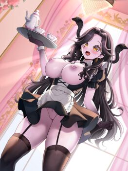 1girl absurdres apron biyo_yoo black_bow black_bowtie black_dress black_hair bow bowtie breasts collar colored_extremities colored_skin commentary cup curtains dress earrings english_commentary facial_mark garter_straps gold_earrings highres holding holding_tray indie_virtual_youtuber jewelry large_breasts long_hair maid nipple_piercing nipples open_mouth piercing pubic_tattoo purple_skin pussy second-party_source smile solo tattoo teacup teapot thick_thighs thighhighs thighs tray vexoria_the_sun_eater virtual_youtuber white_apron white_collar white_wrist_cuffs wrist_cuffs yellow_eyes