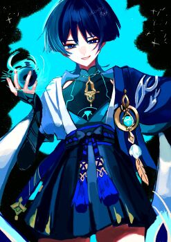 Rule 34 | 1boy, artist name, belt, black border, black bow, black hakama, black shorts, black tank top, blue background, blue belt, blue cape, blue eyes, blue gem, blue hair, blunt ends, border, bow, bridal gauntlets, bright pupils, cape, commentary, covered collarbone, cowboy shot, eyeshadow, fingernails, gem, genshin impact, gold ring, gold trim, hair between eyes, hakama, hakama shorts, han'eri, hand up, highres, japanese clothes, looking at viewer, lvs7u, magic, makeup, male focus, mandarin collar, missing headwear, open clothes, open shirt, orb, outside border, parted bangs, pom pom (clothes), red eyeshadow, rope, scaramouche (genshin impact), shirt, short hair, short sleeves, shorts, simple background, smile, solo, sparkle, standing, tank top, tassel, teeth, untranslatable commentary, vision (genshin impact), wanderer (genshin impact), white pupils, white shirt