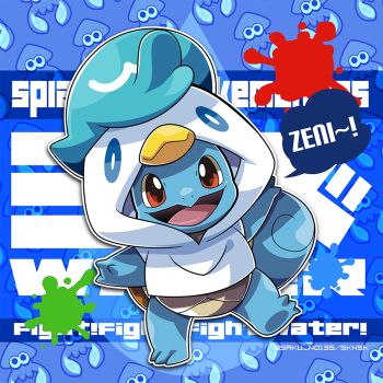 blue_background clothed_pokemon cosplay full_body gen_1_pokemon inkling_(swim_form) kumano_sakunosuke looking_at_viewer nintendo no_humans open_mouth pokemon pokemon_(creature) quaxly quaxly_(cosplay) red_eyes solo speech_bubble splatter squirtle standing standing_on_one_leg