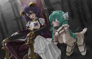 2girls ahoge aqua_hair barefoot bdsm bondage boots bound bow breasts chain chain_leash chair chastity_belt clothed_female_nude_female collar completely_nude corset dominatrix dress feet female_focus femdom frills highres human_dog indoors large_breasts leash long_hair magia_azure magia_baiser magical_girl mahou_shoujo_ni_akogarete medium_hair multiple_girls nipples nude on_chair one_eye_closed open_mouth pasties pet_play petgirl piddlefours restrained saaal653 shrug_(clothing) slave small_breasts stationary_restraints throne toes tongue tongue_out white_bow yuri
