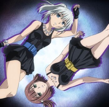 2girls arm_up belt black_dress black_gloves black_shorts black_skirt blue_belt blue_eyes bluesy_fluesy breasts brown_hair closed_mouth collarbone dress female_focus fingerless_gloves gloves green_eyes grey_hair highres ichinose_touko jewelry large_breasts legs long_hair looking_at_viewer lying medium_hair miniskirt multiple_girls necklace no_bra on_back open_mouth pants ponytail scan sexually_suggestive shorts side_ponytail skin_tight skirt sleeveless sleeveless_dress small_breasts taboo_tattoo teeth thighs tight_clothes tight_pants yellow_belt