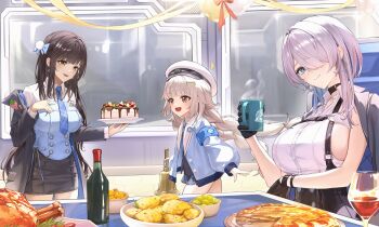 3girls :d absurdres arm_under_breasts armband balloon bell black_choker black_corset black_gloves black_jacket black_skirt blue_armband blue_corset blue_eyes blue_jacket blue_necktie blunt_bangs bottle bowl braid breasts brid_(nikke) brid_(silent_track)_(nikke) brown_eyes brown_hair cake chest_harness choker closed_mouth coffee_mug collared_shirt commentary_request corset cowboy_shot cup diesel_(nikke) diesel_(winter_sweets)_(nikke) earrings eru_(eru_illust) flat_chest floating_earrings food gloves goddess_of_victory:_nikke grey_hair hair_between_eyes hair_ornament hair_over_one_eye handbell harness hat highres holding holding_bell holding_cup holding_plate indoors infinity_rail_(nikke) jacket jacket_on_shoulders jewelry large_breasts long_hair long_sleeves looking_at_another looking_at_viewer military_hat miniskirt mug multiple_girls necktie off_shoulder official_alternate_costume official_alternate_hairstyle open_clothes open_jacket open_mouth pants party pizza plaid_clothes plaid_necktie plaid_skirt plate pleated_skirt pom_pom_(clothes) pom_pom_hair_ornament shirt sideboob sideless_shirt sidelocks sitting skirt sleeveless sleeveless_shirt smile snowflake_earrings soline_(frost_ticket)_(nikke) soline_(nikke) standing steam table teeth train_interior turkey_(food) twin_braids upper_teeth_only very_long_hair white_hat white_pants white_shirt window wine_bottle